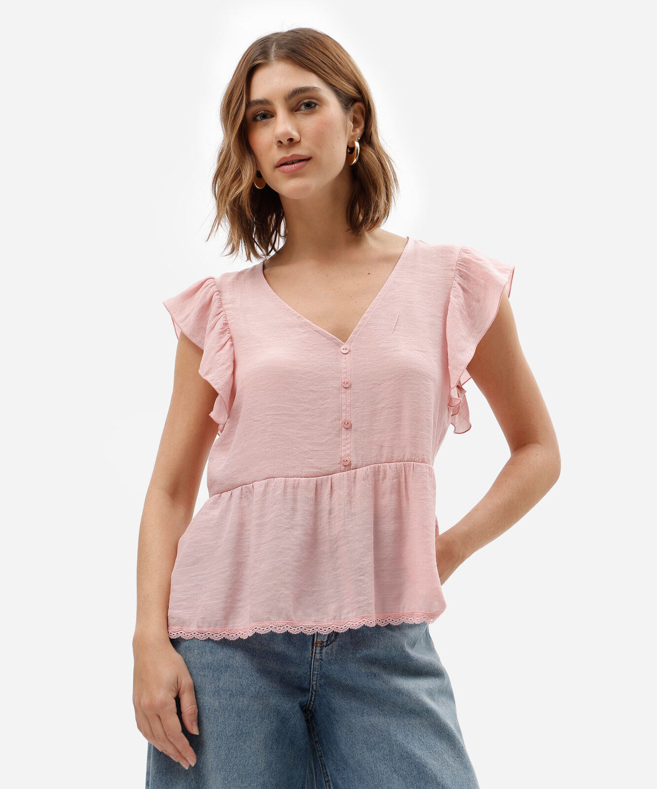 blusa feminina decote v com renda e babado rosa