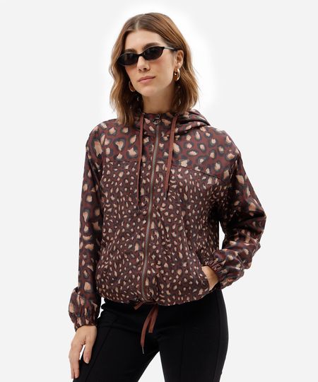 jaqueta corta vento feminina com capuz animal print marrom PP