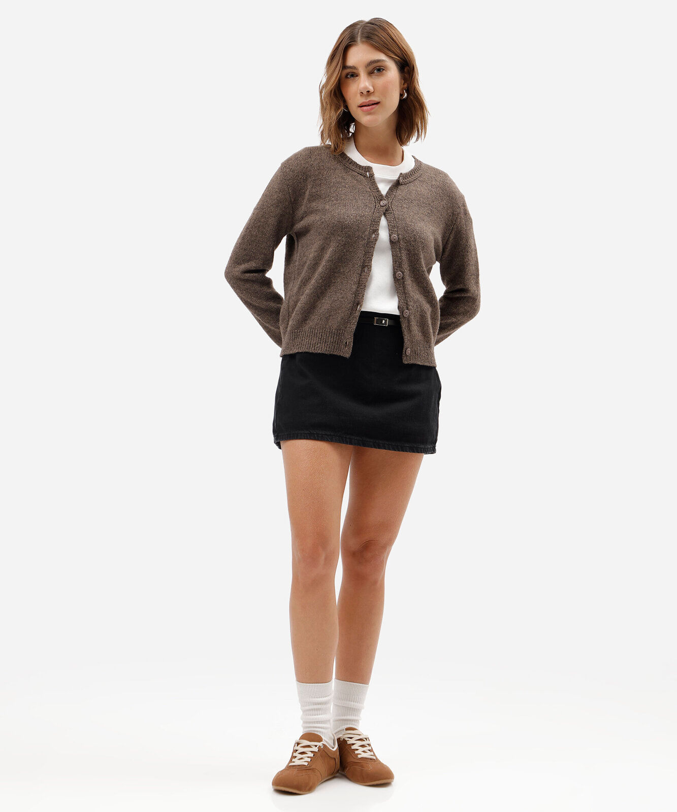 short saia feminino jeans com cinto cintura média preto