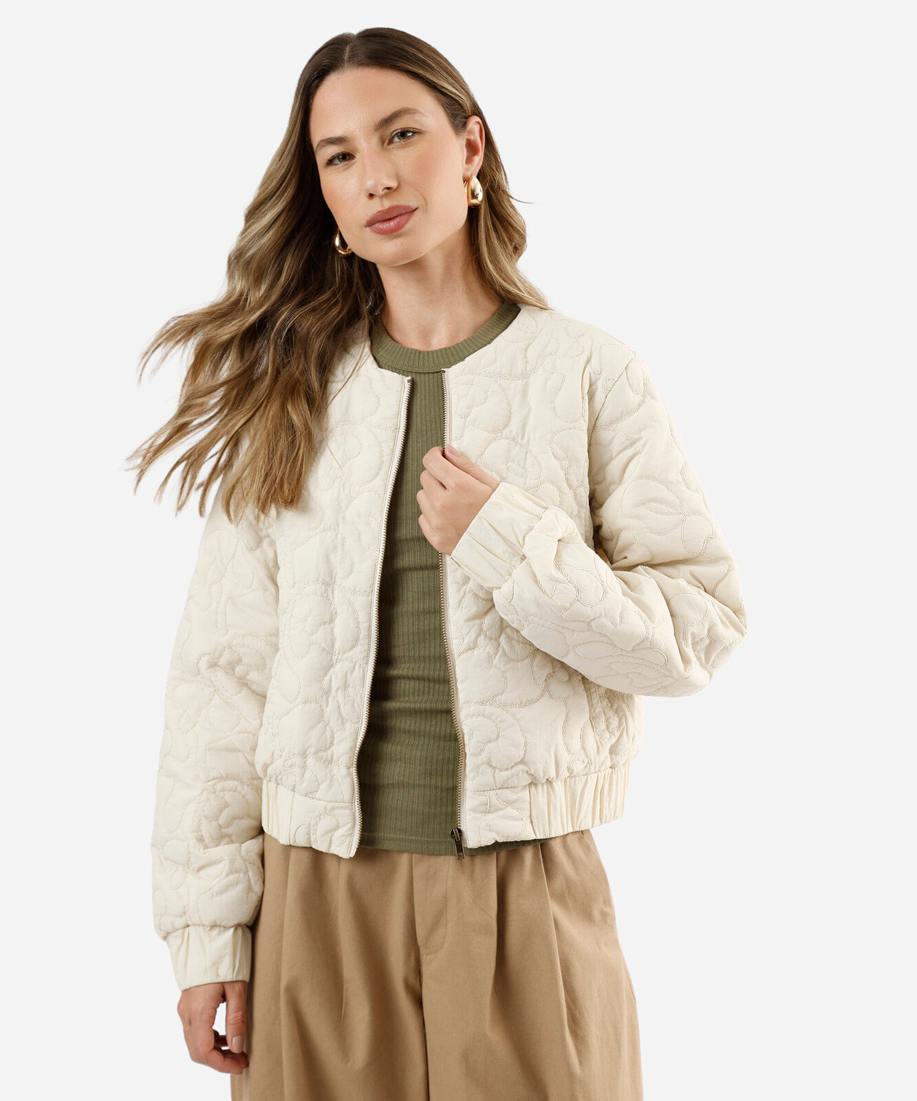 jaqueta bomber oversized feminina bordada bege