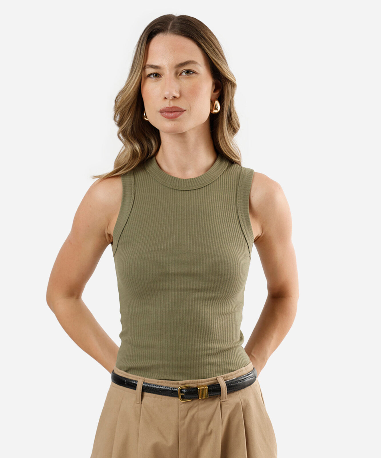 regata básica feminina de algodão canelada verde