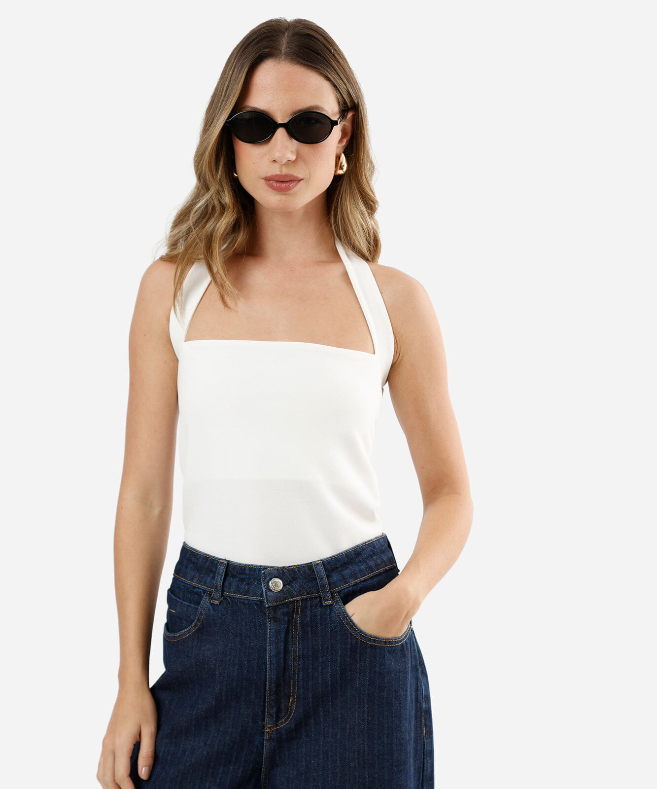 blusa frente única feminina decote quadrado off white