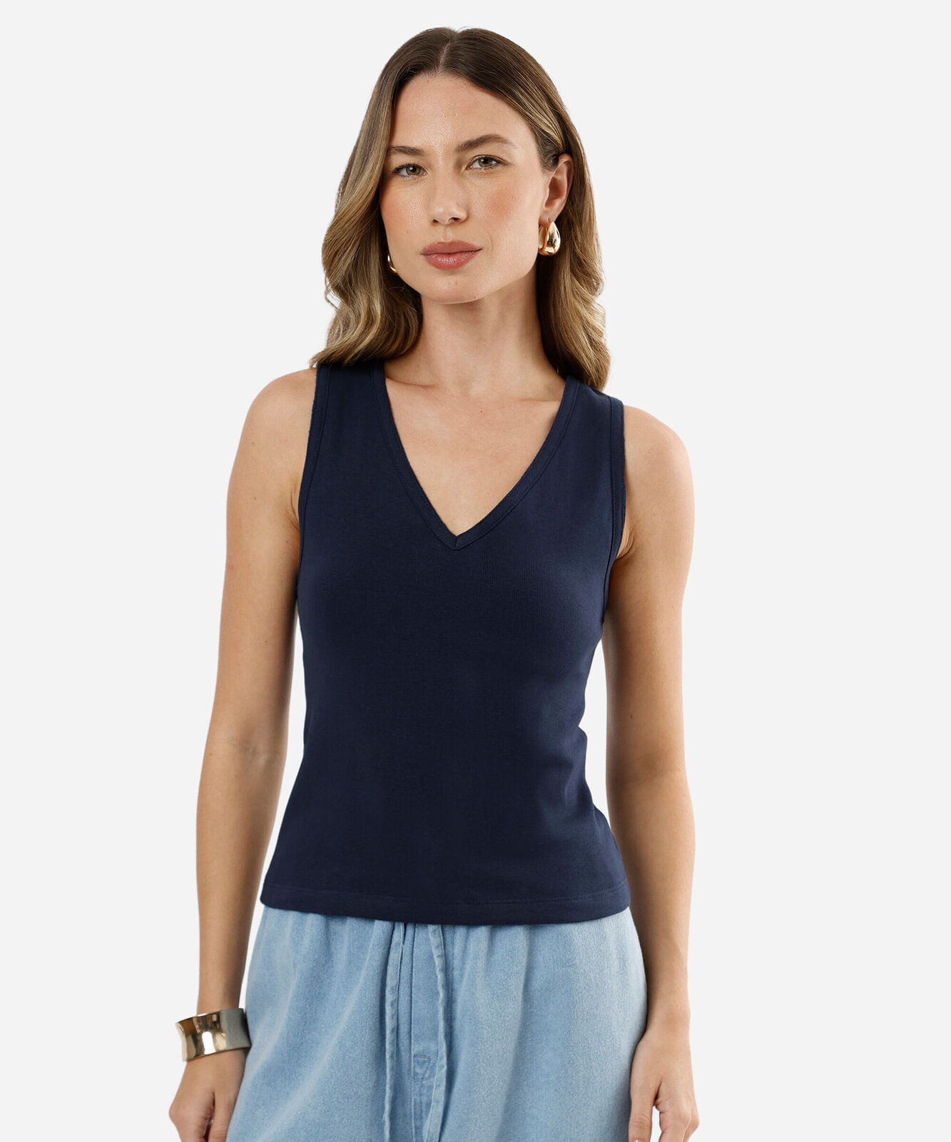 regata feminina de algodão decote v azul