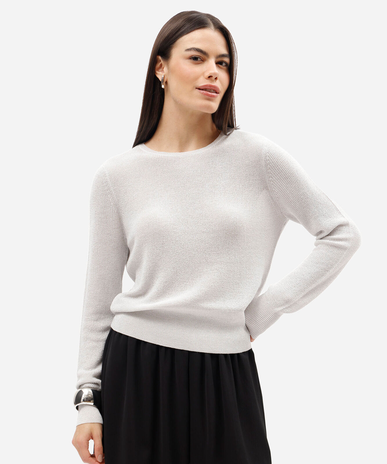 suéter feminino de tricot com lurex prateado
