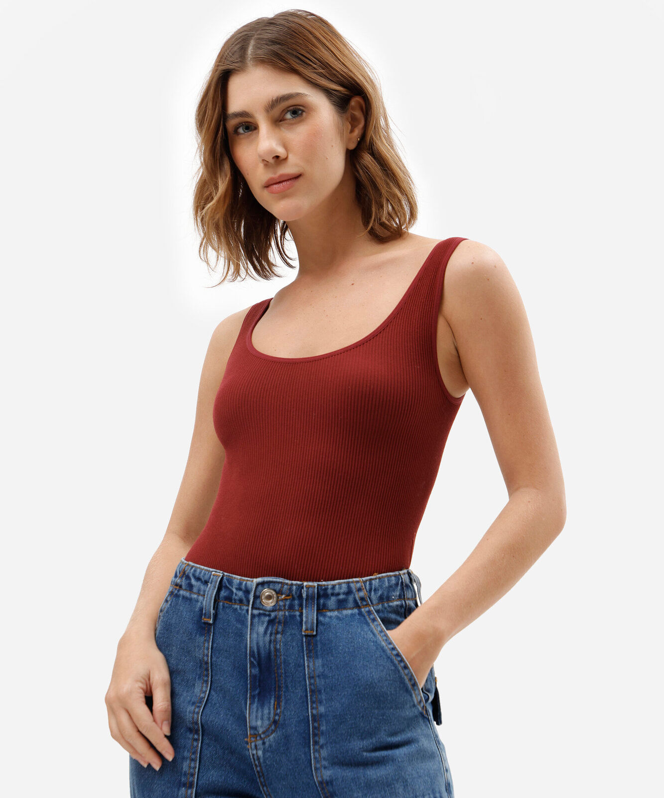 body básico feminino de poliamida canelado vinho