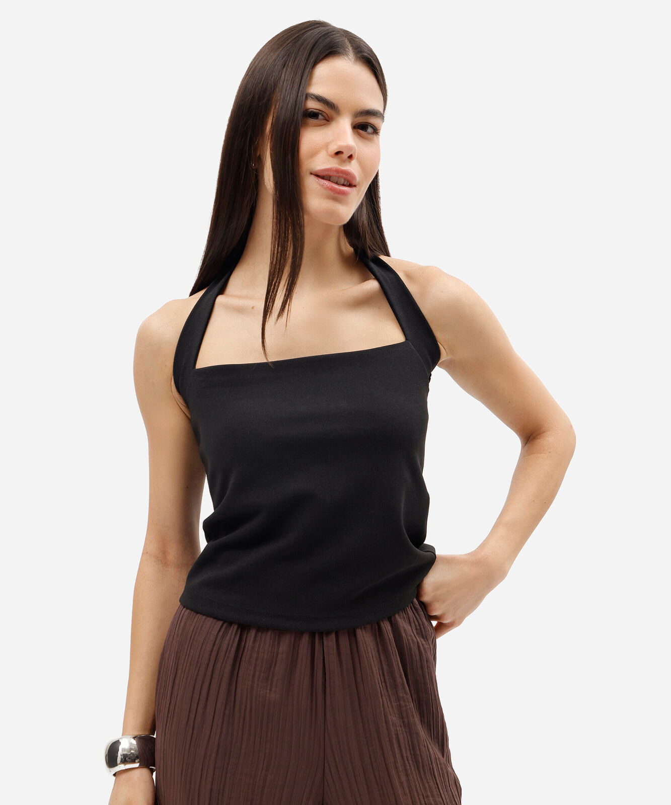 blusa frente única feminina decote quadrado preta
