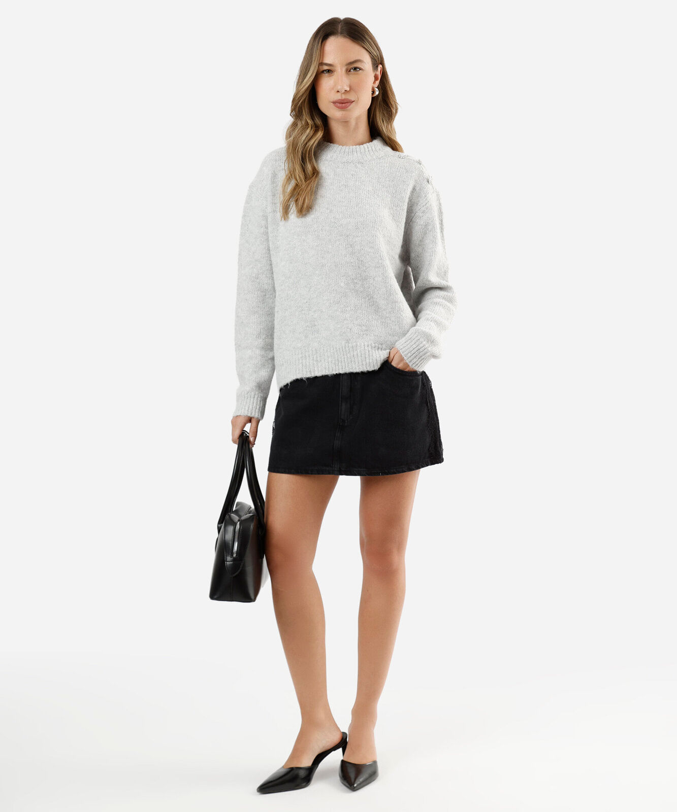 minissaia feminina jeans cintura baixa com renda preta