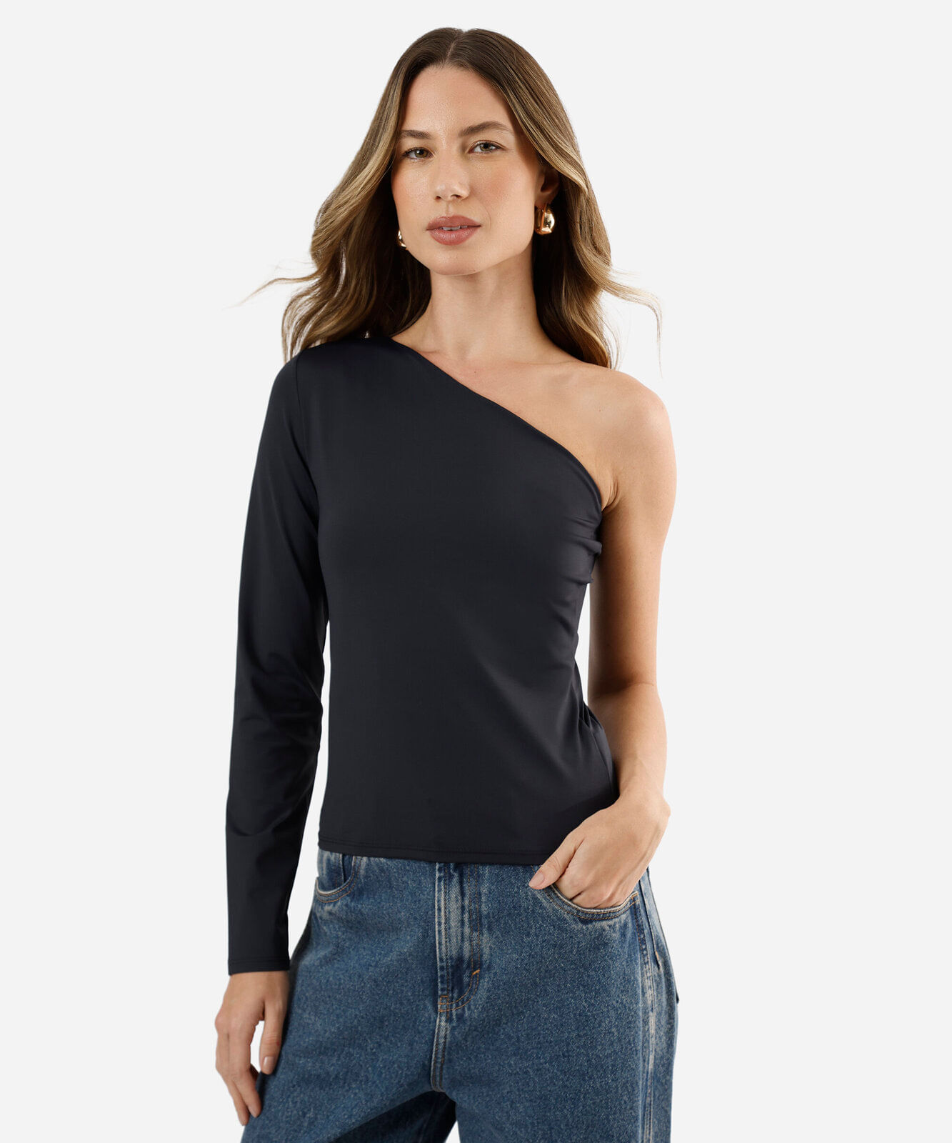 blusa ombro único feminina manga longa preta