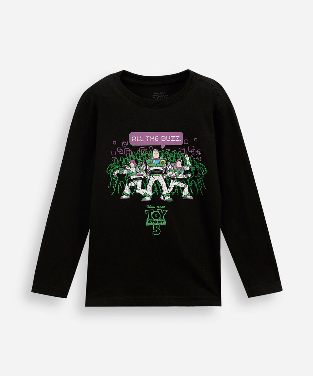 camiseta infantil de algodão manga longa buzz lightyear toy story preta