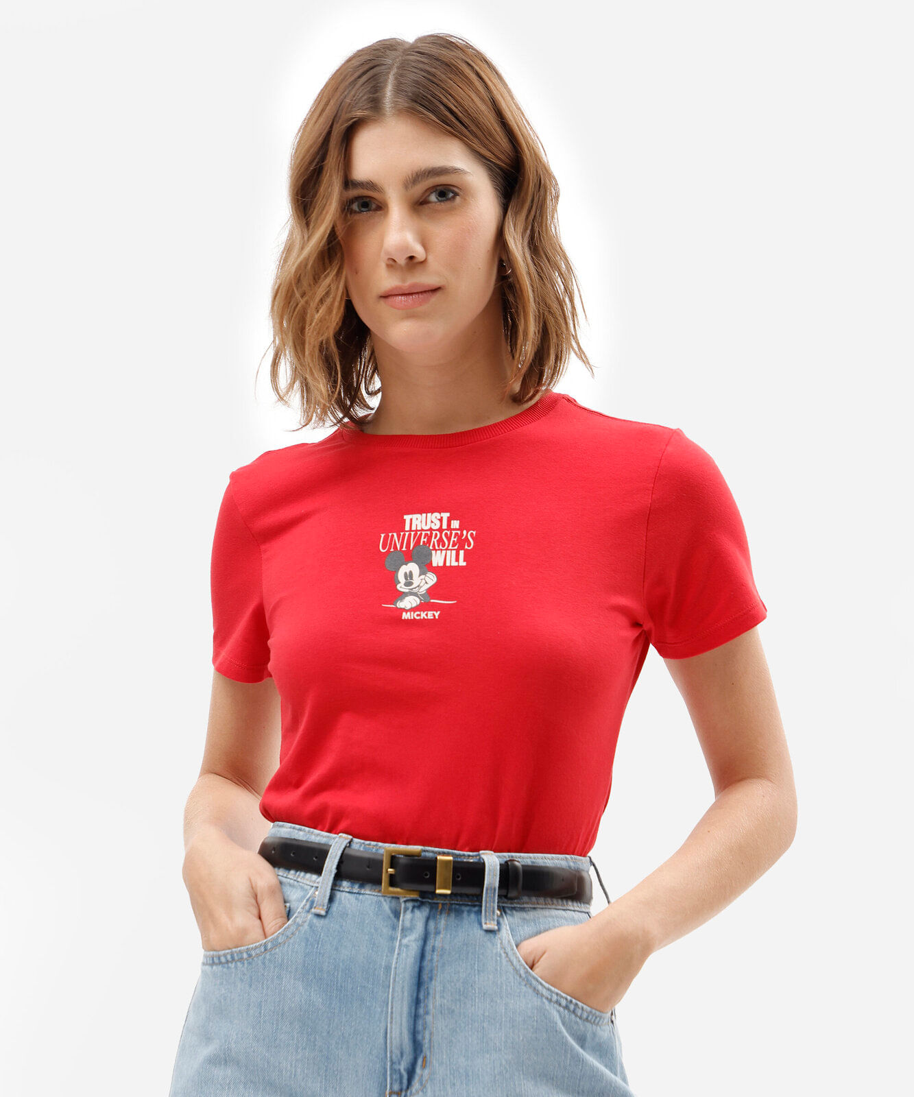 camiseta feminina de algodão manga curta mickey vermelha