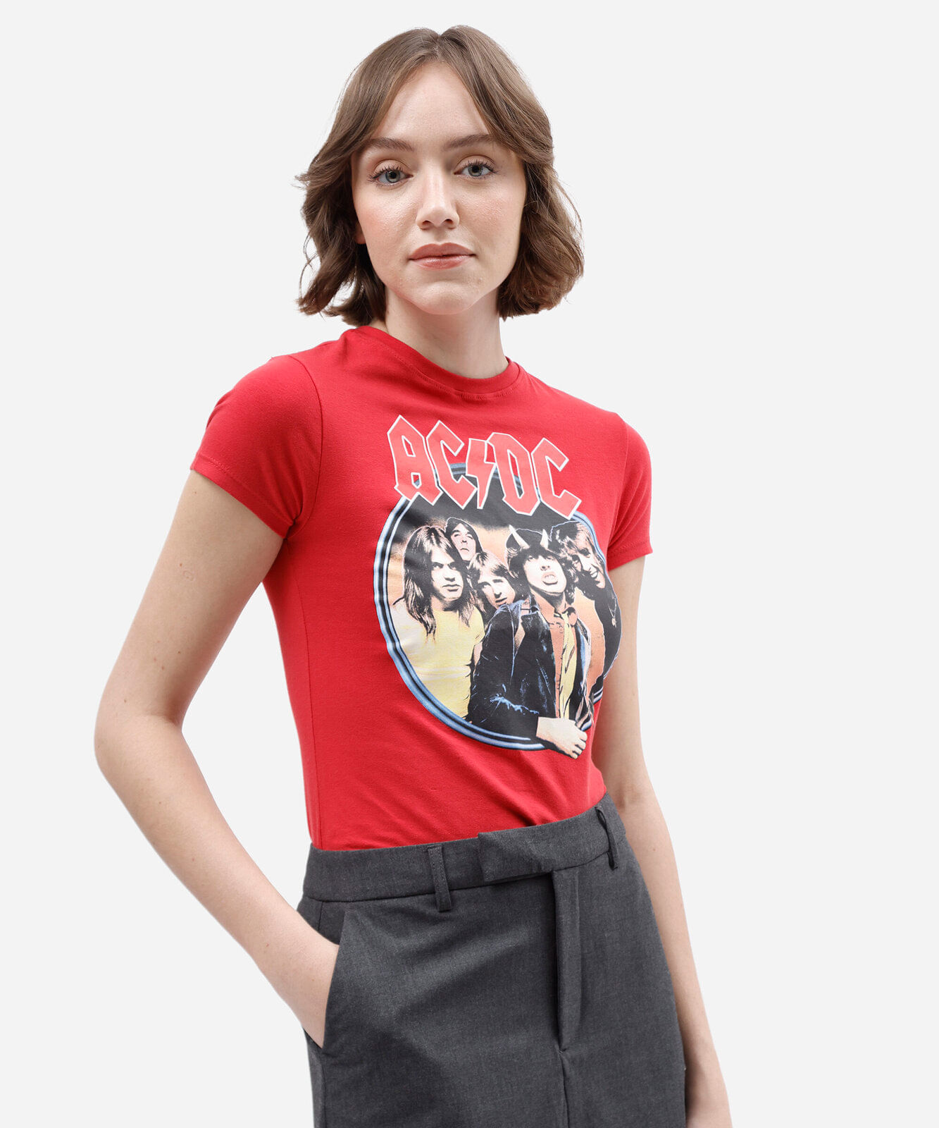 camiseta baby look feminina de algodão manga curta acdc vermelha