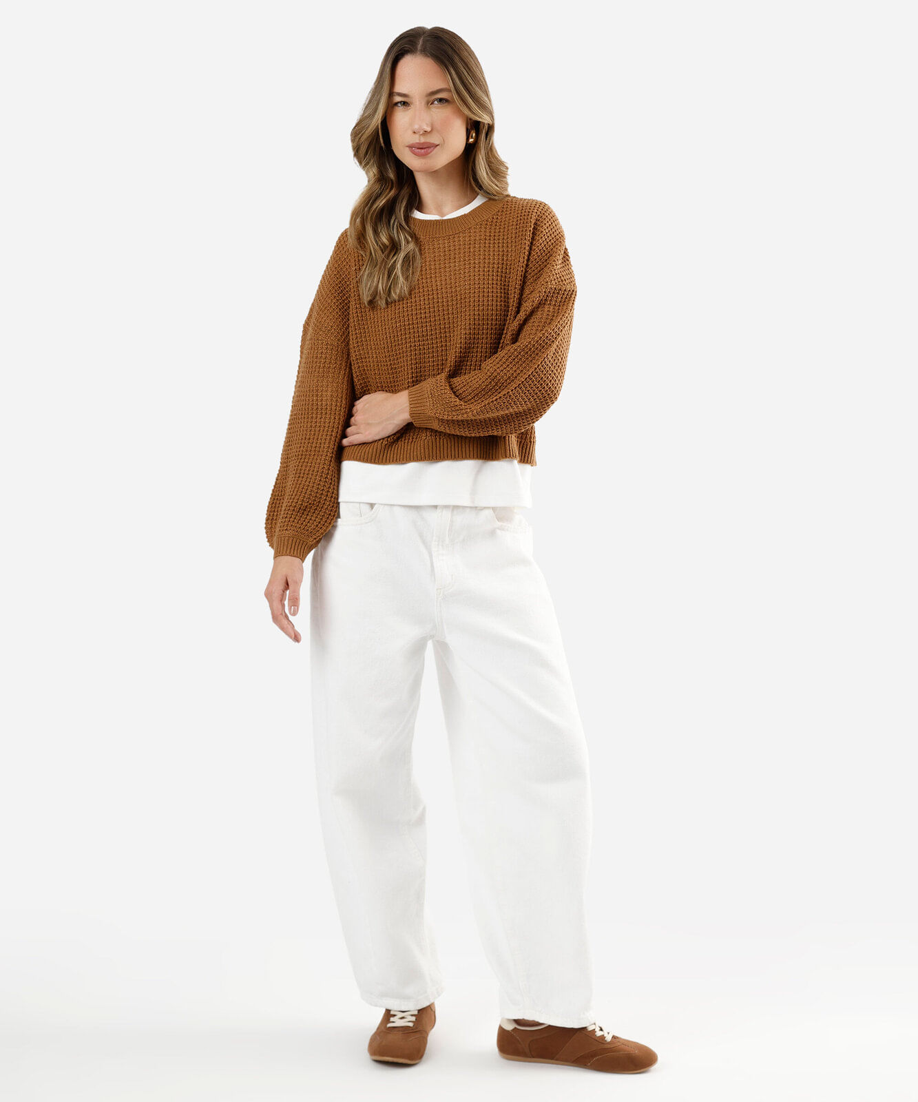 suéter cropped feminino de tricot texturizado marrom