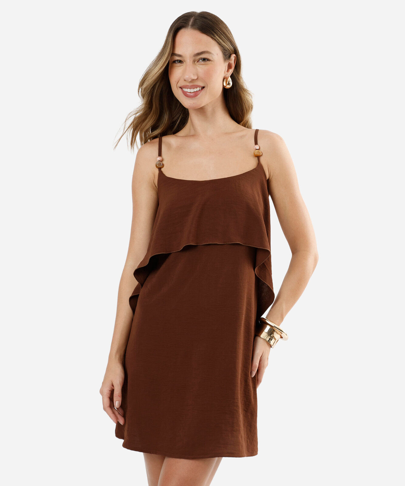 vestido curto alça fina feminino com babado marrom