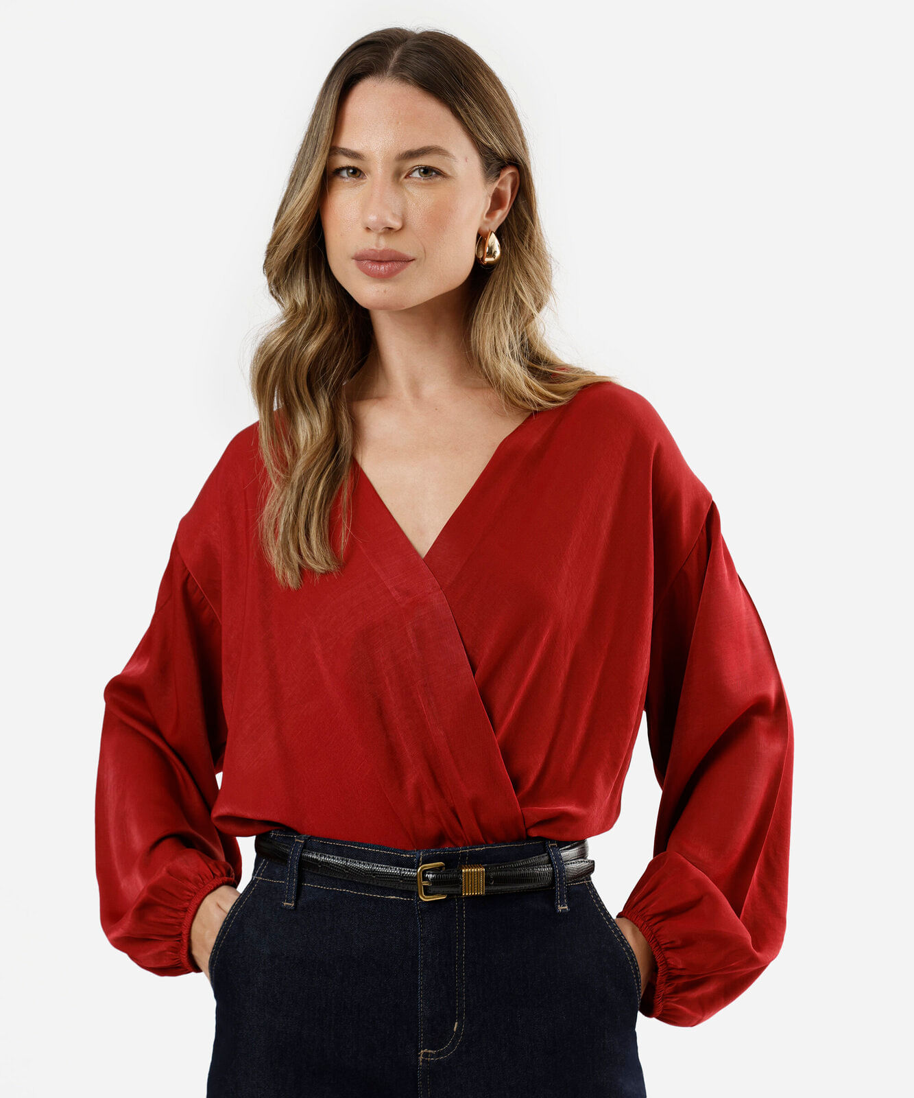 blusa balonê feminina decote v manga longa acetinada vermelha