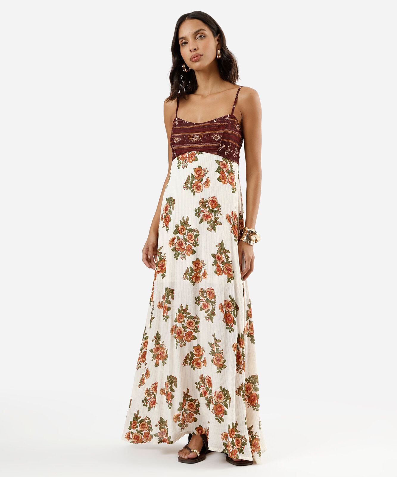 vestido longo alça fina feminino de viscose com lurex floral bege