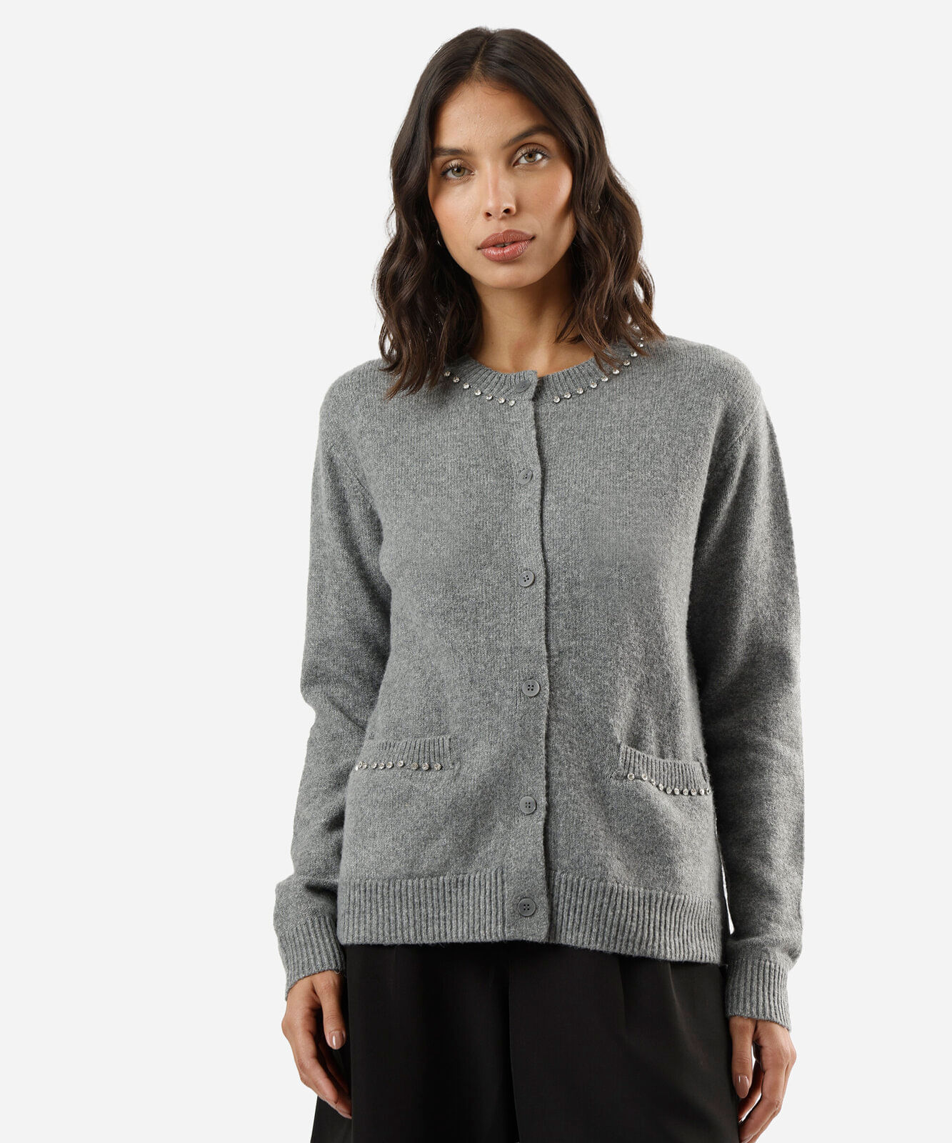 cardigan feminino tricot com brilhos cinza