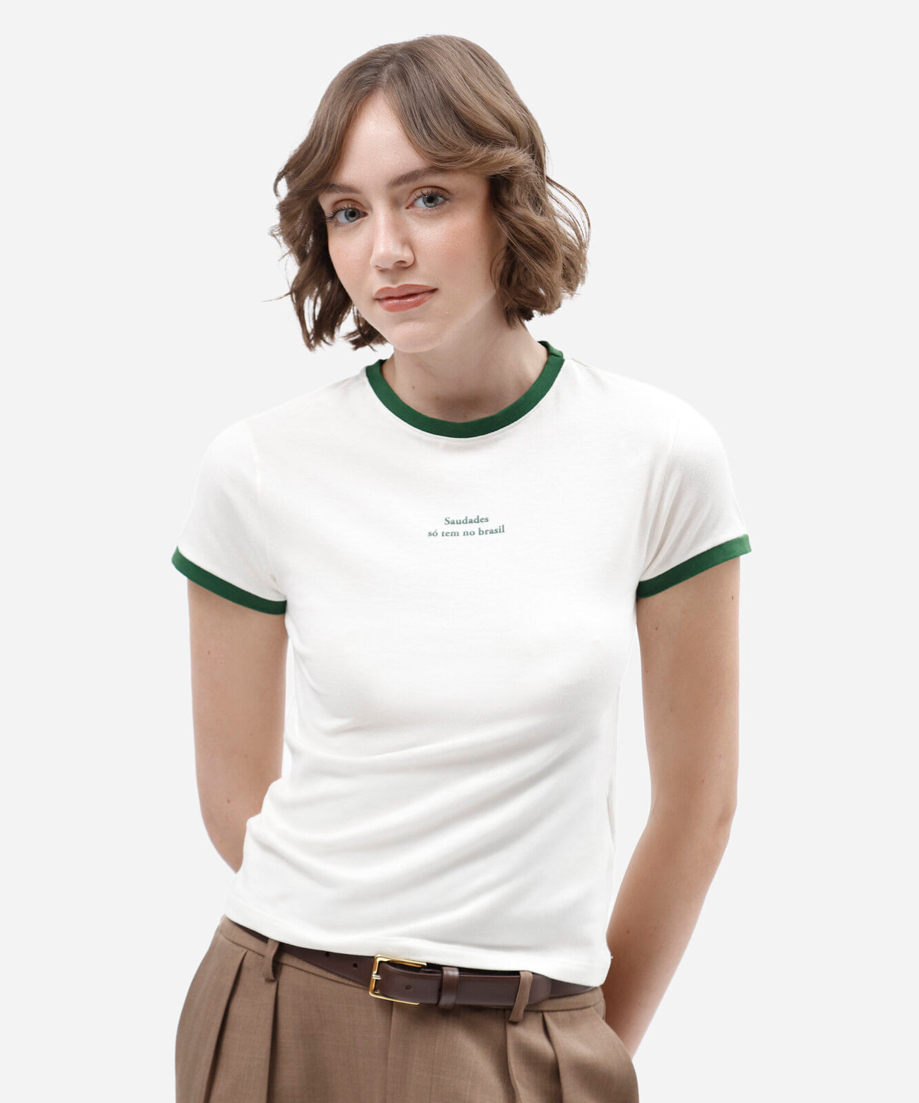 camiseta baby look feminina de algodão manga curta estampada off white