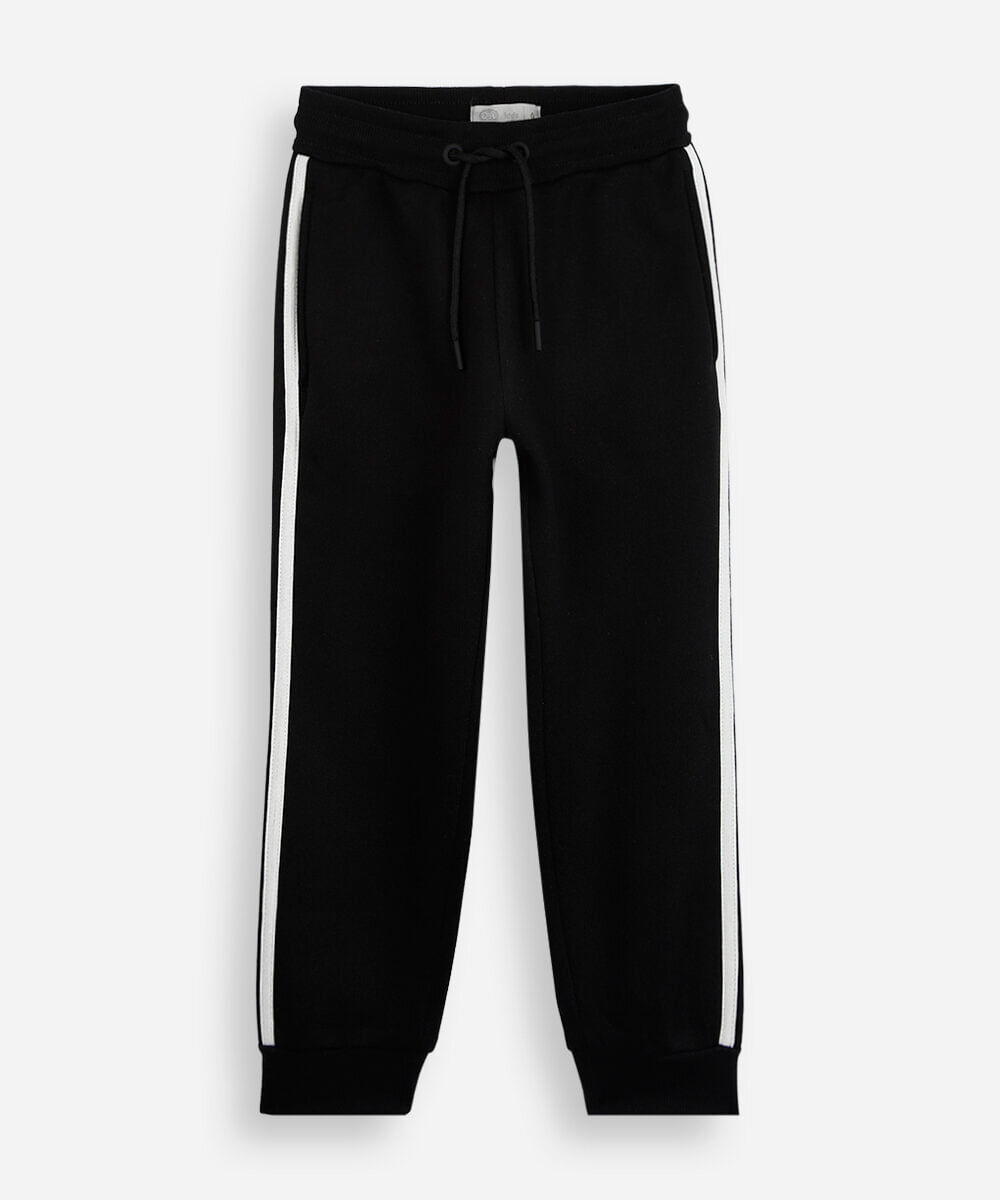calça jogger infantil de moletom com listras laterais preta