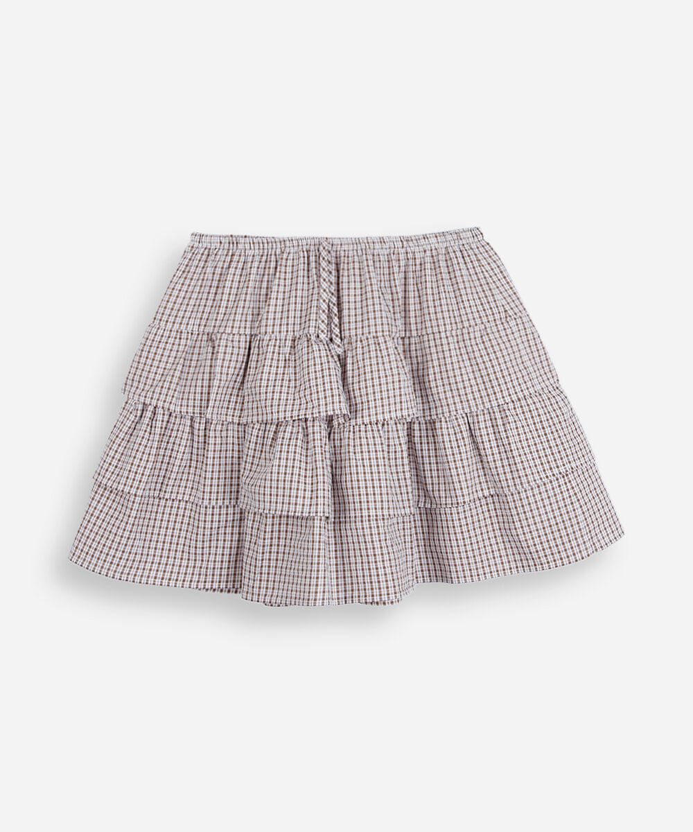 saia curta juvenil de algodão com babados xadrez vichy off white