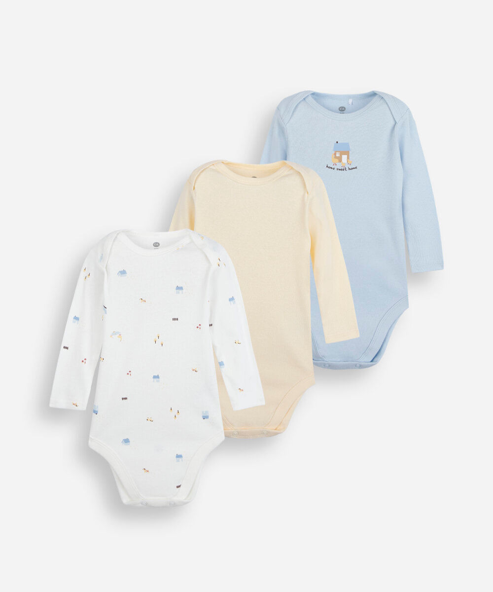 kit de 3 bodies infantil de algodão manga longa estampado colorido