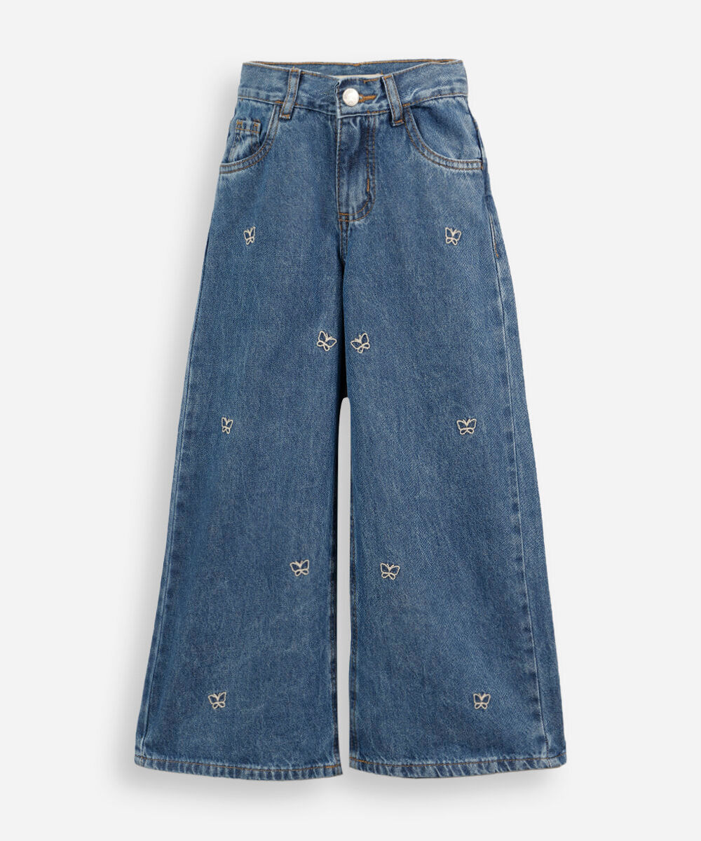 calça wide leg infantil jeans com bordados borboletas azul