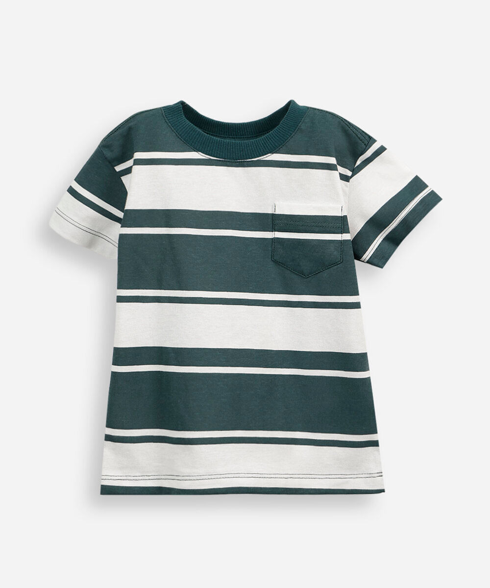 camiseta infantil de algodão manga curta com bolso listrada verde