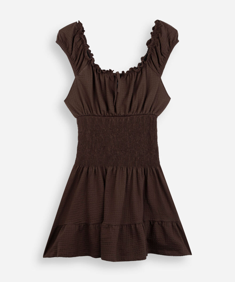 vestido curto juvenil de algodão franzido marrom
