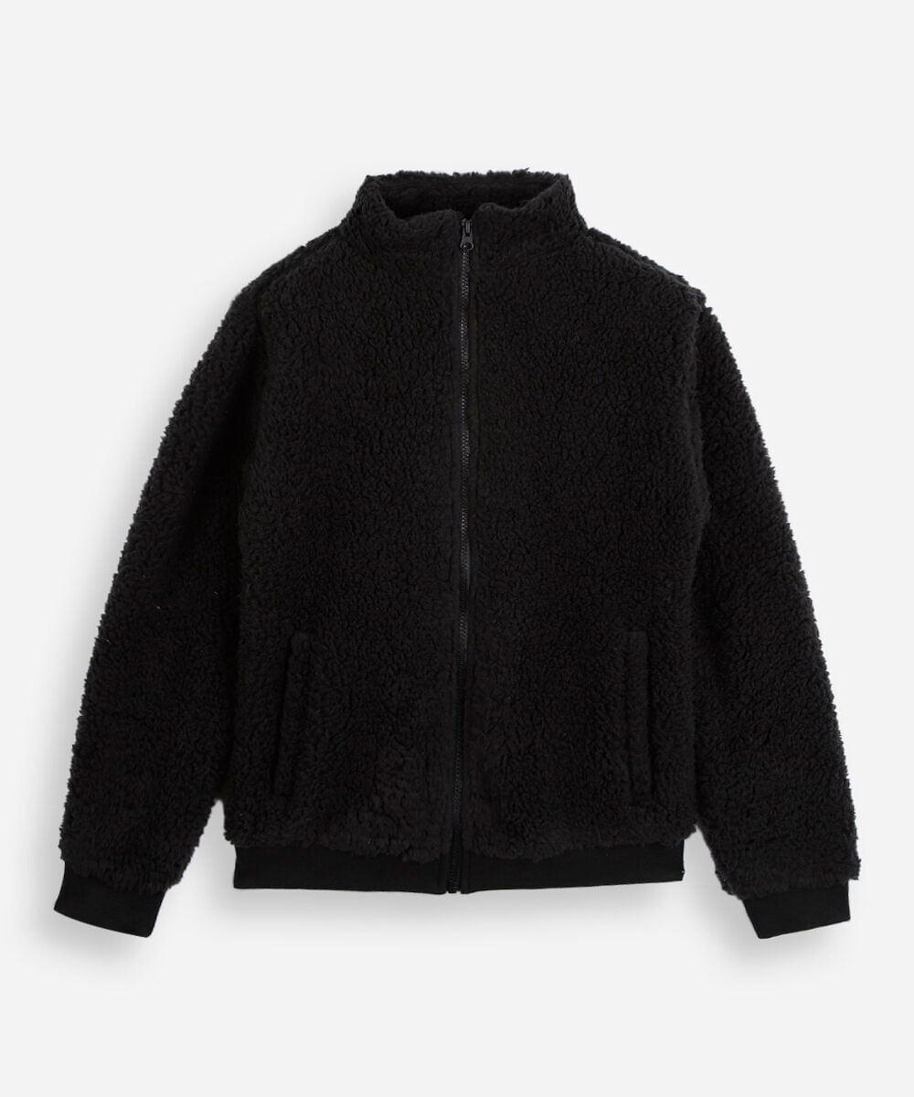 jaqueta oversized juvenil de pelúcia gola alta preta