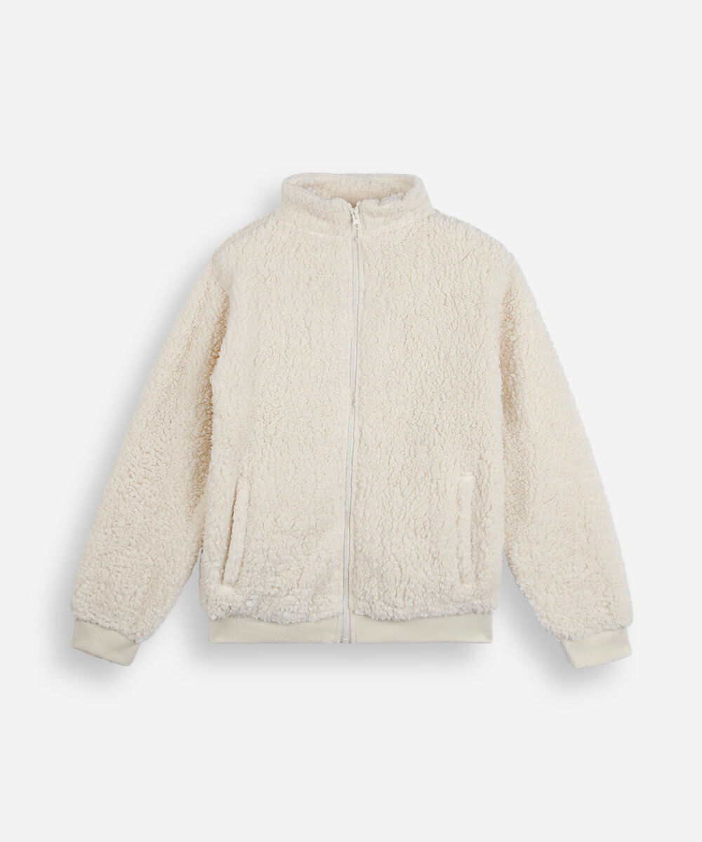 jaqueta oversized juvenil de pelúcia gola alta off white