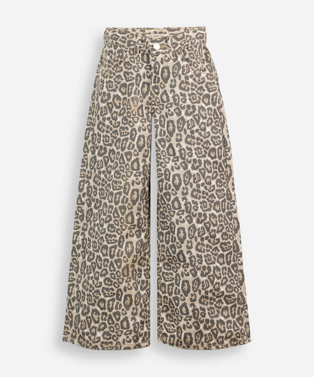 calça wide leg de sarja animal print colorida