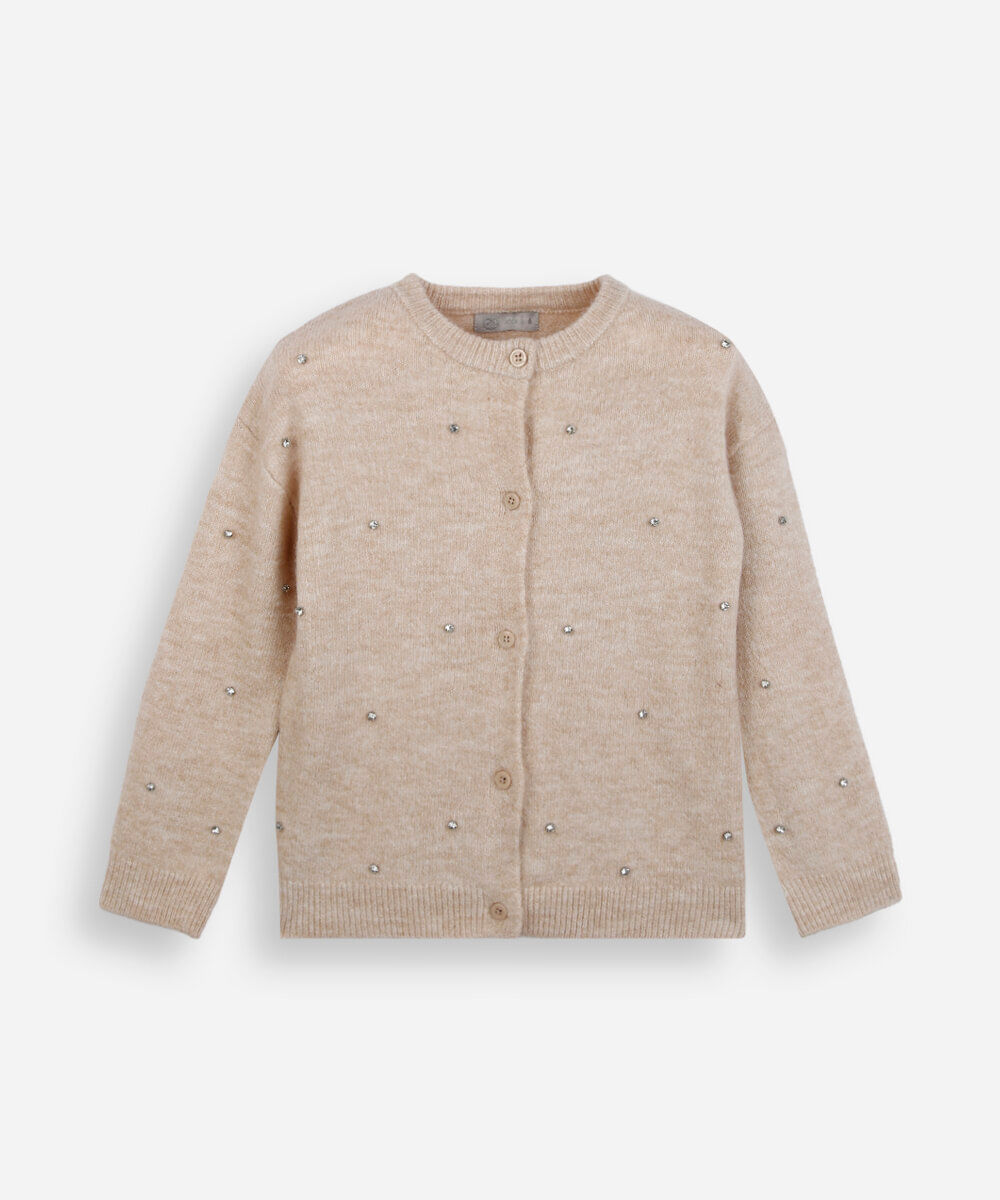 cardigan infantil de tricot com brilhos bege