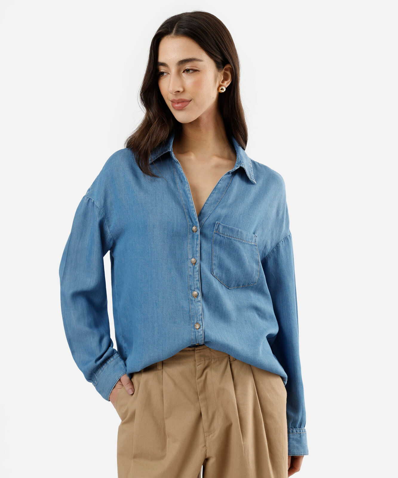 camisa box feminina jeans manga longa azul