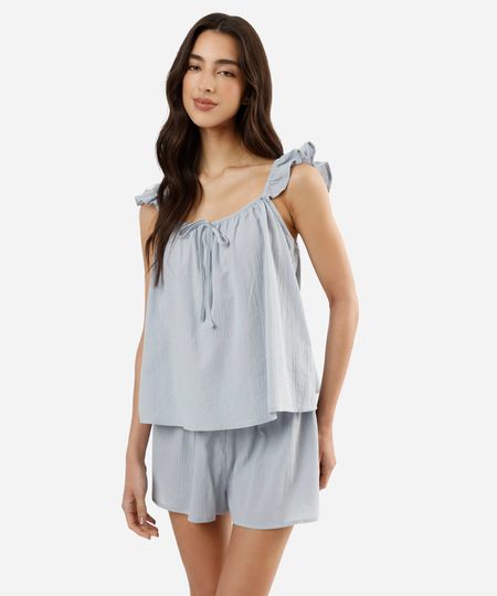 pijama short doll feminino de algodão com babado azul P