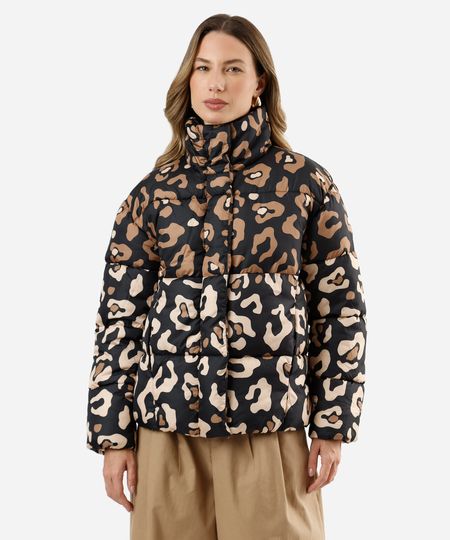 jaqueta puffer feminina gola alta animal print preta PP