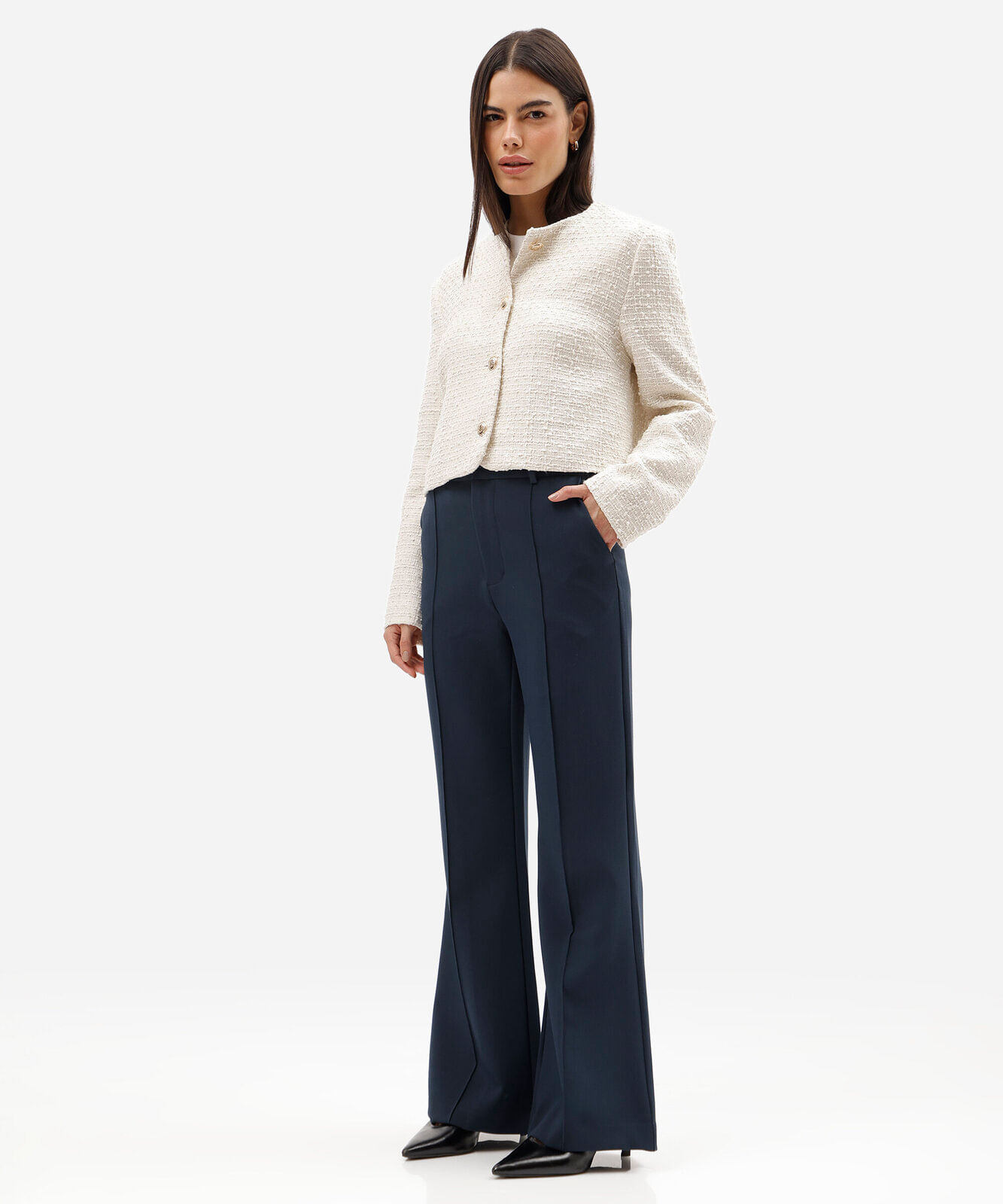 calça flare de alfaiataria feminina com nervuras azul
