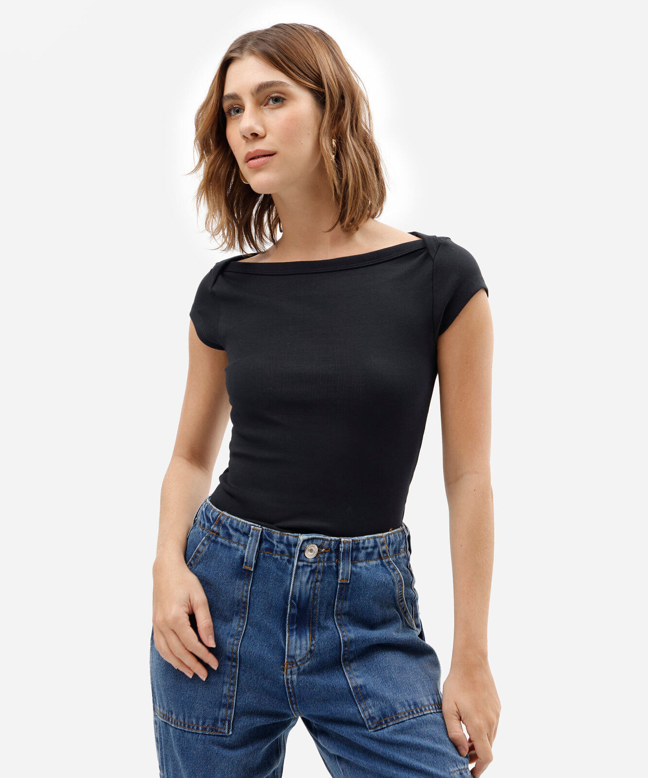 blusa feminina de algodão decote canoa canelado preta