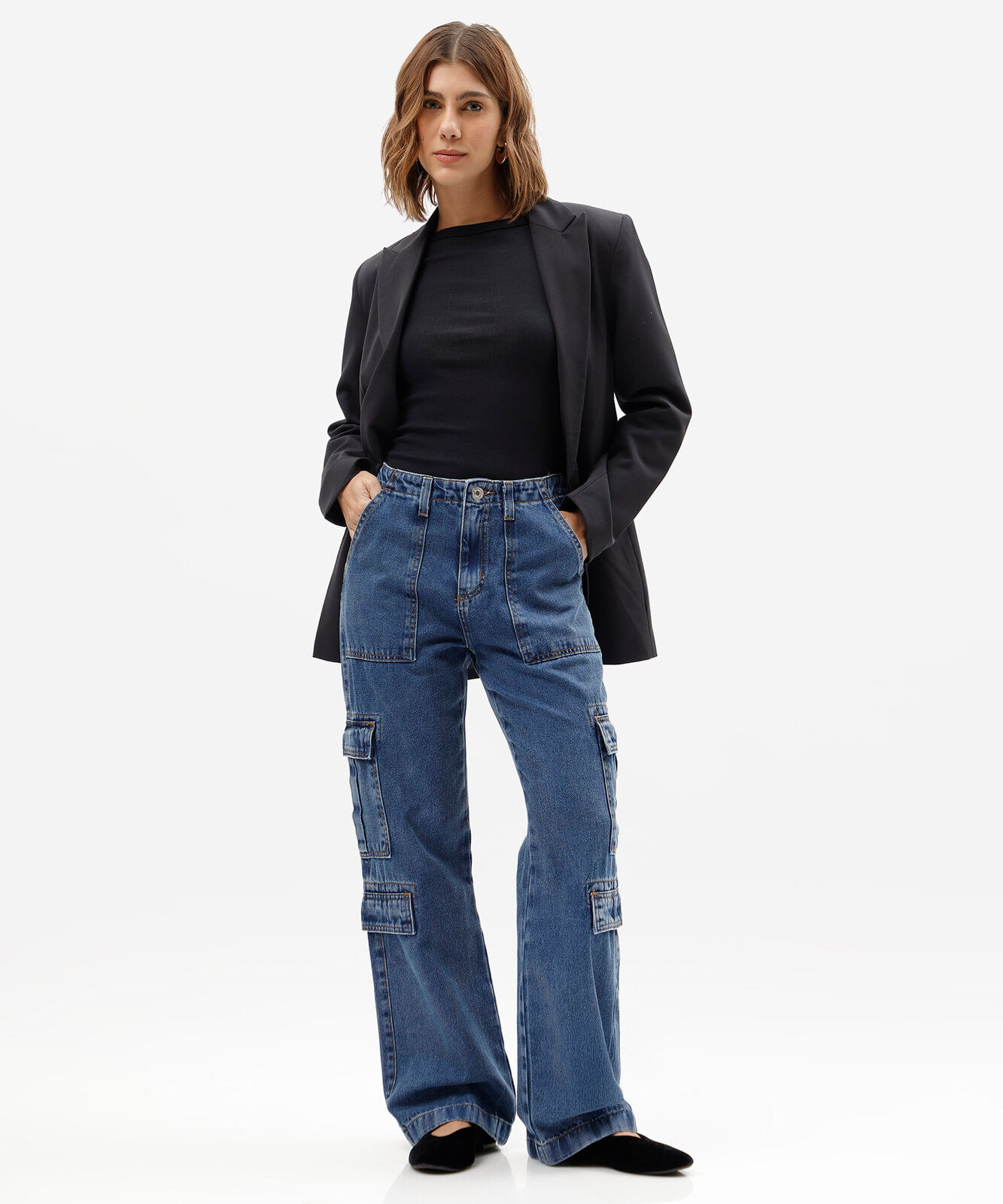 calça cargo feminina jeans cintura alta azul
