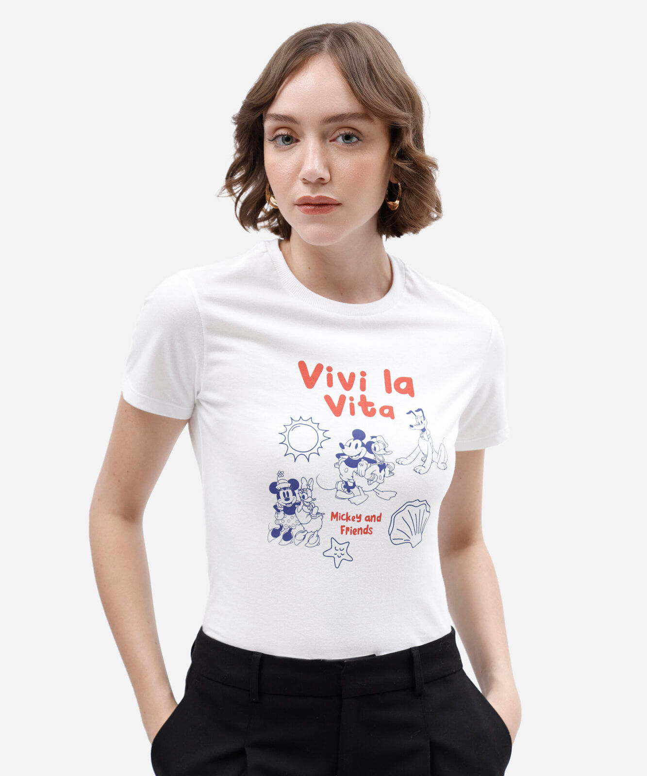 camiseta feminina de algodão manga curta mickey mouse off white