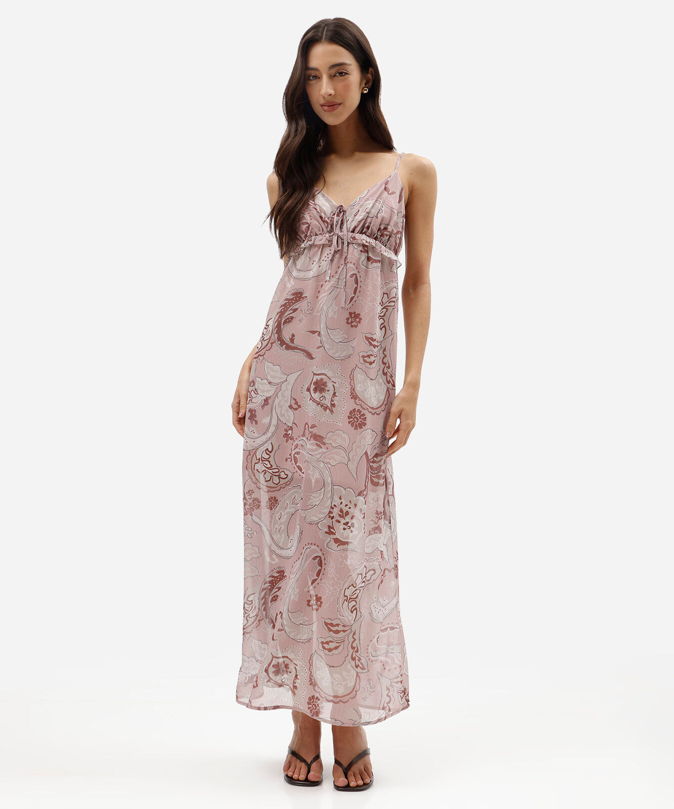 vestido longo alça fina feminino paisley rosa