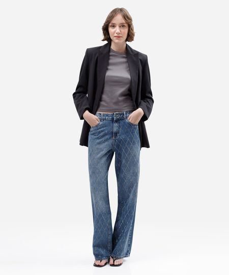 calça wide leg slim feminina jeans com brilhos cintura média azul 36
