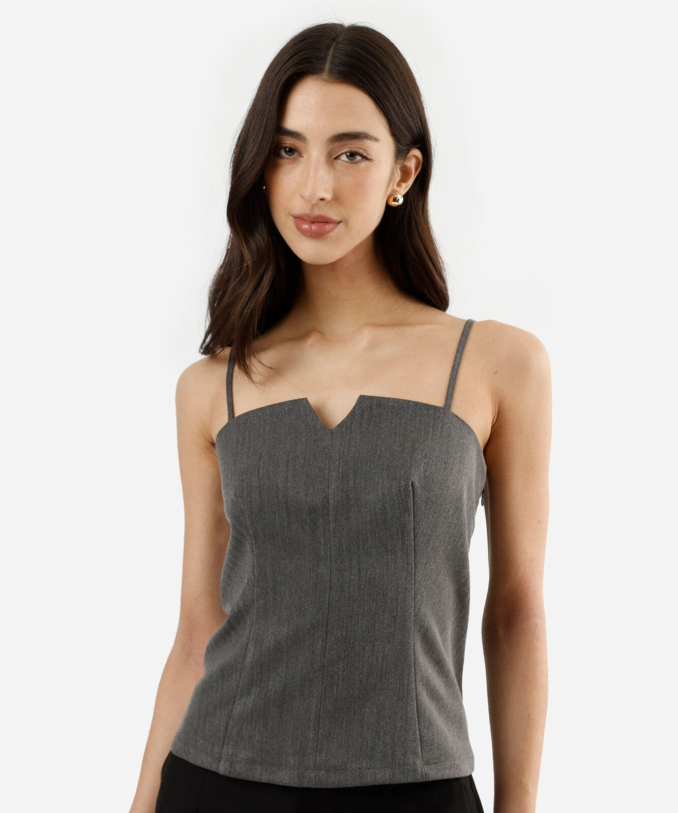 blusa alça fina feminina com recortes texturizada cinza
