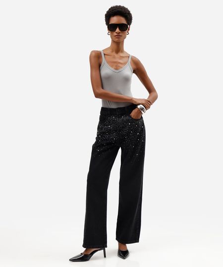 calça wide leg slim feminina jeans com brilhos cintura alta preta 38