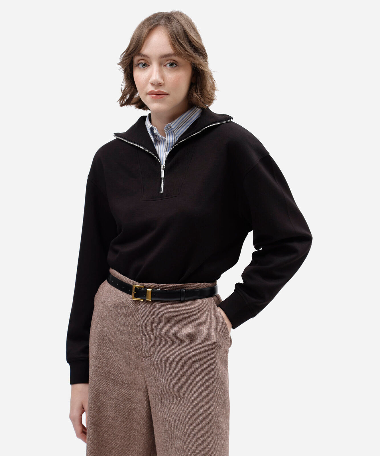 blusão feminino de moletom scuba gola alta com zíper preto