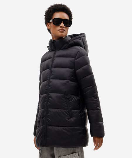 jaqueta puffer feminina com capuz e bolsos preta M