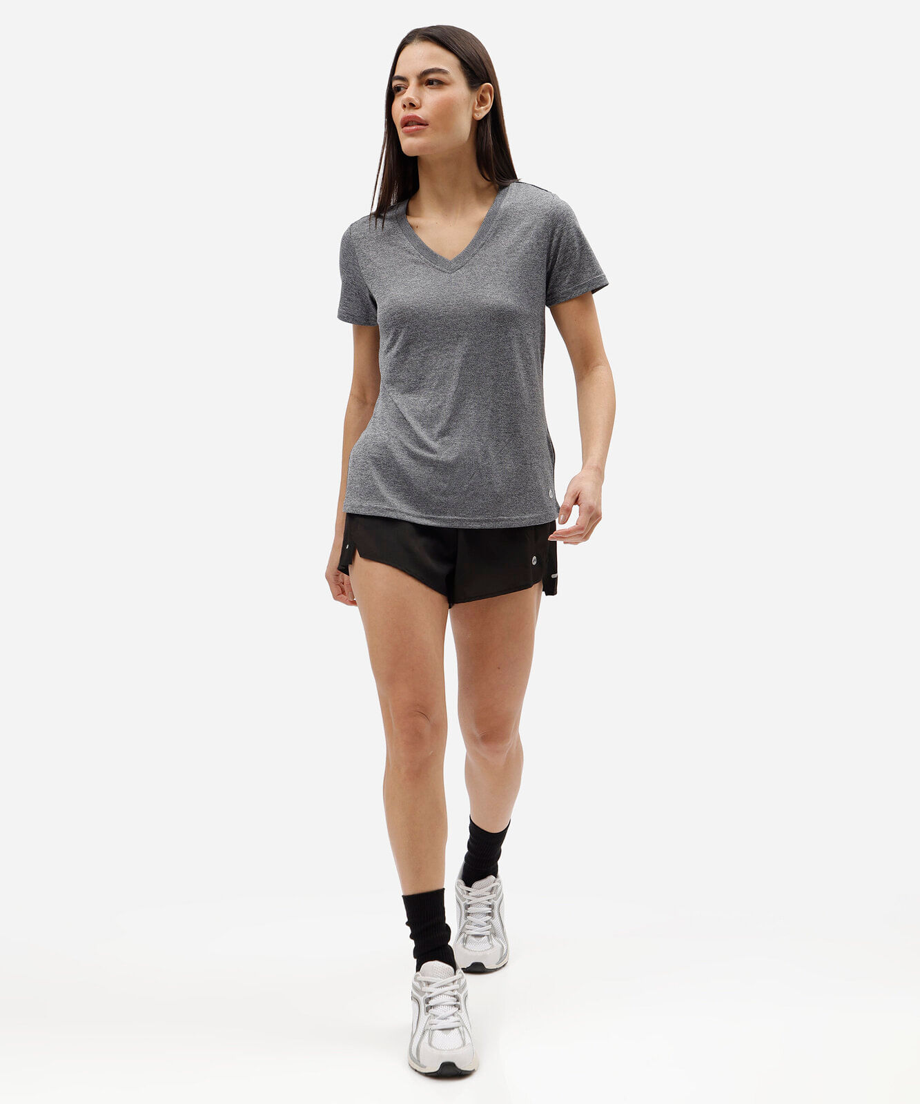 blusa esportiva feminina decote v manga curta cinza