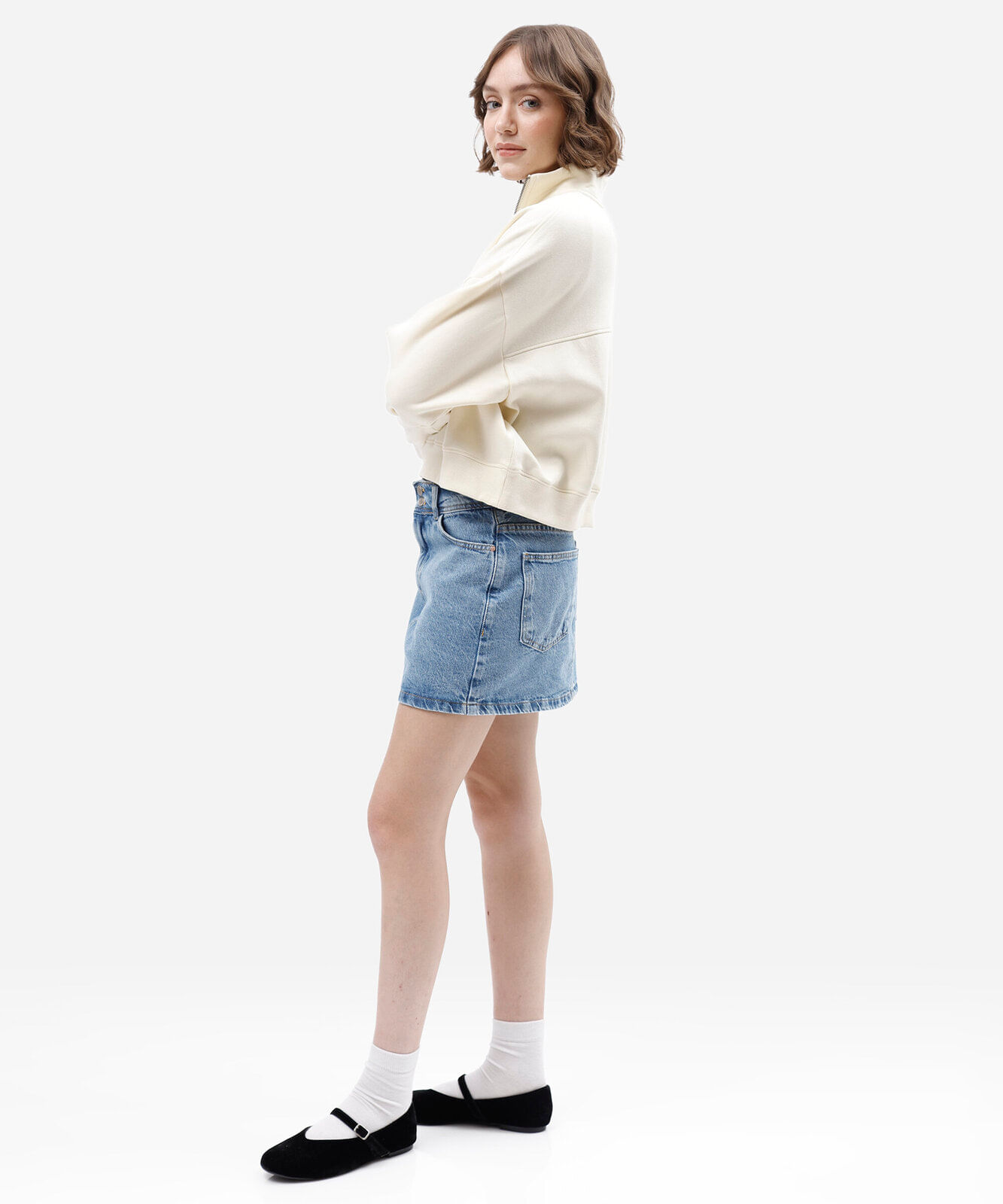 short saia feminino jeans cintura média azul