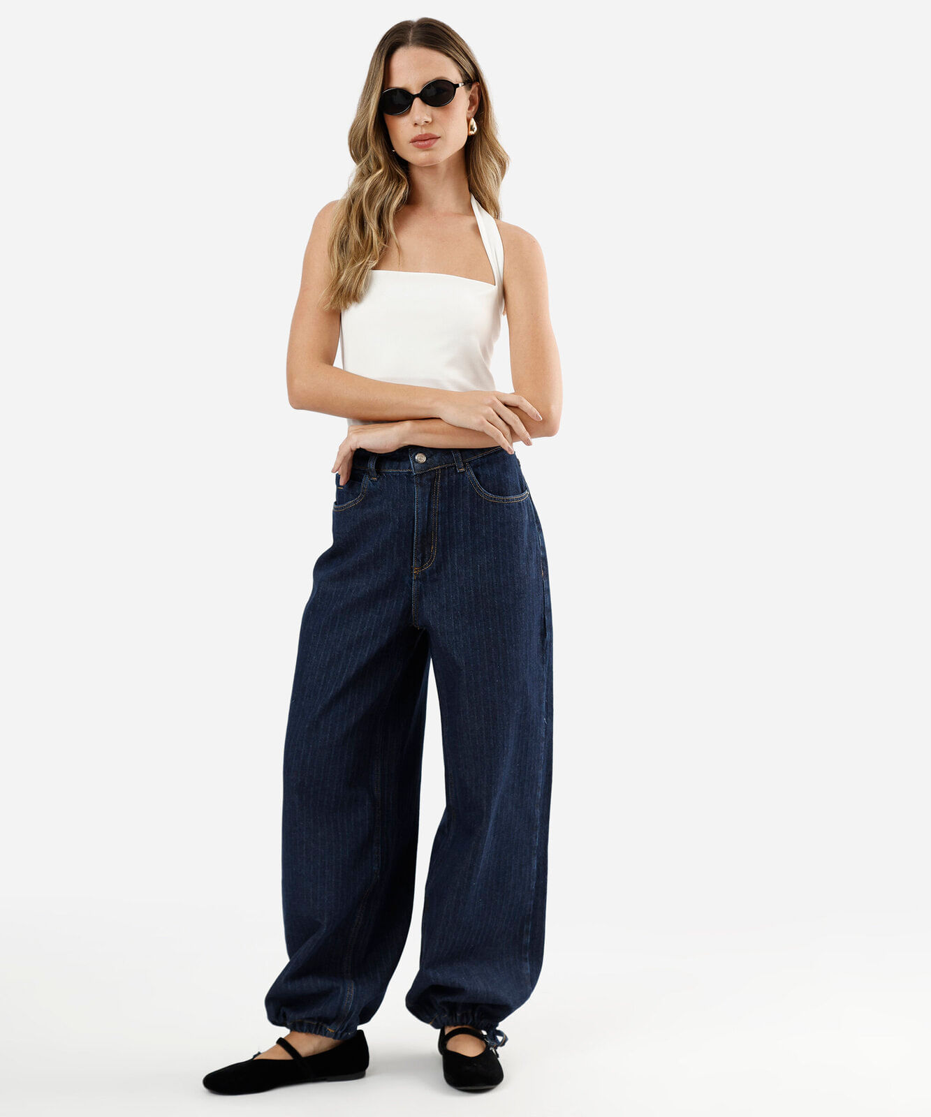 calça aladim feminina jeans cintura média listrada azul