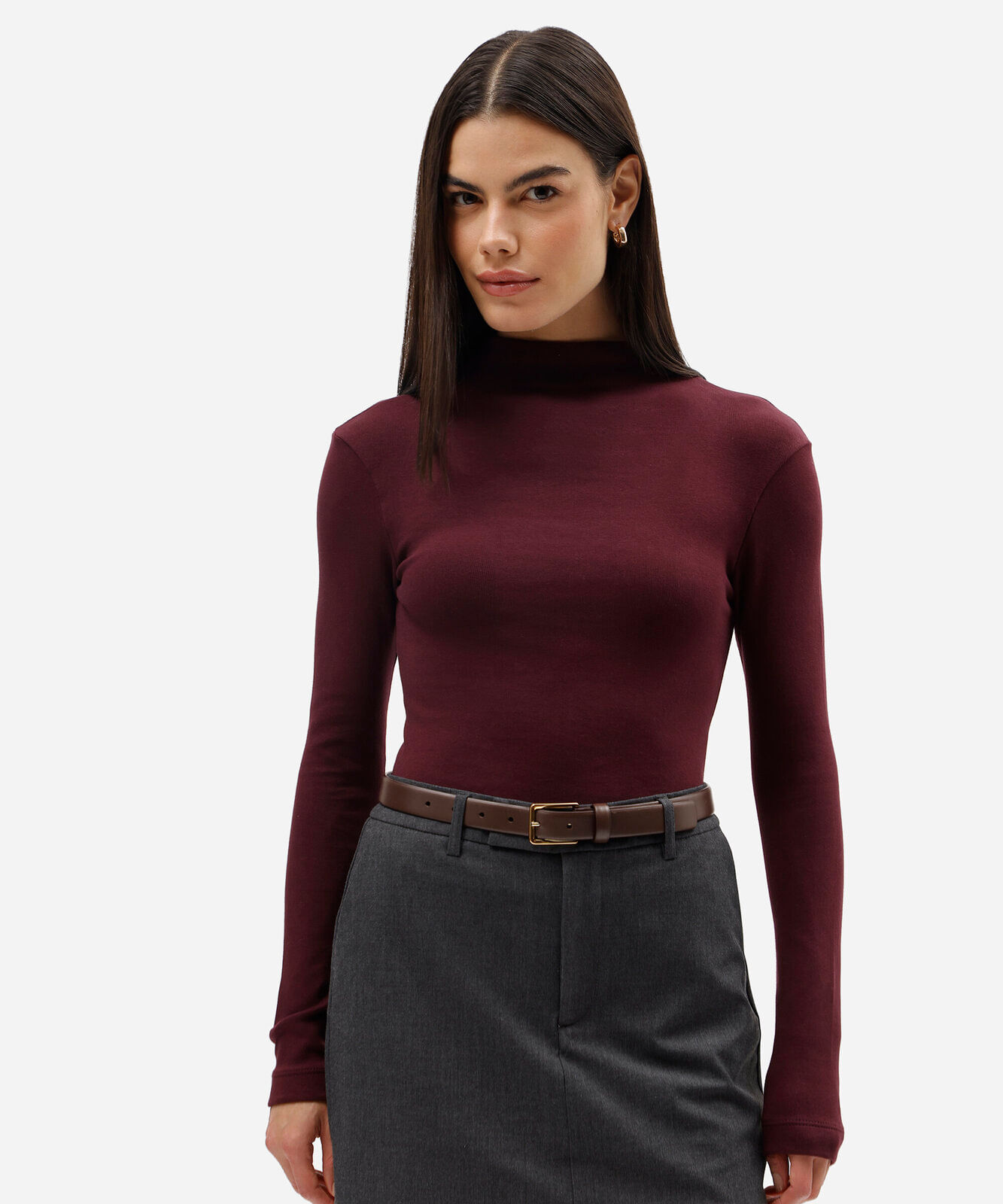 blusa feminina de algodão gola alta manga longa vinho