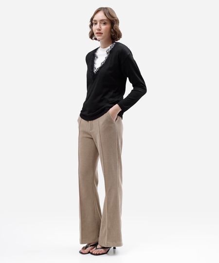 calça flare feminina cintura alta canelada bege 40