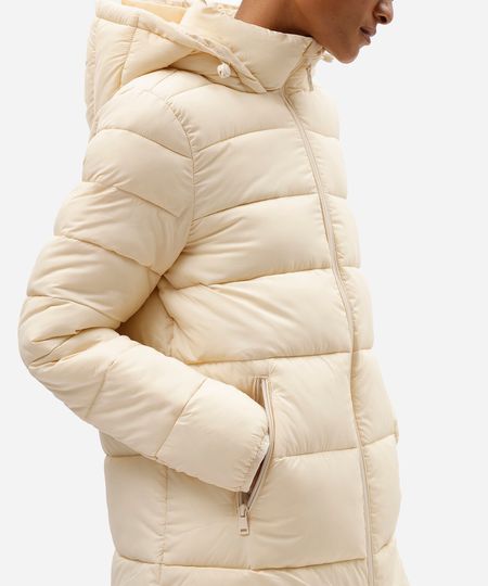 jaqueta puffer feminina com capuz e bolsos bege M